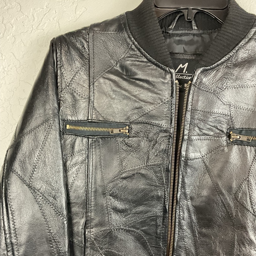 M. Collection Women’s Black Leather Patchwork Zip Up Bomber Jacket Sz Med - Picture 11 of 15